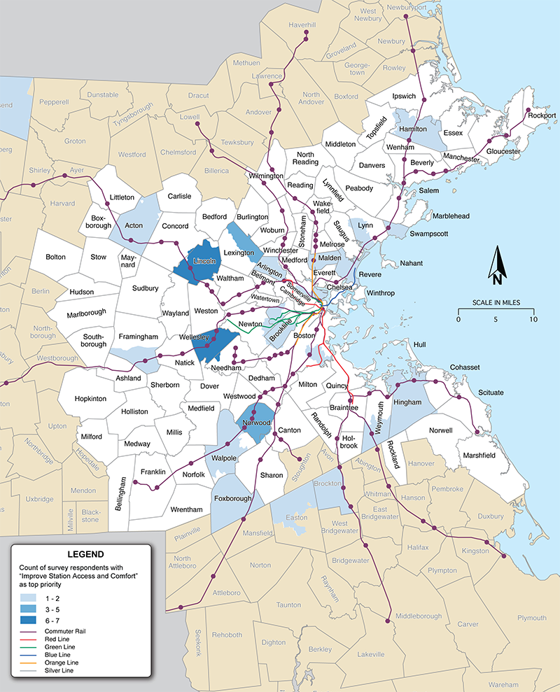 Figure 4-7 is a map that shows the zip codes of survey respondents who stated that
improving access and comfort at transit stations was their top priority.